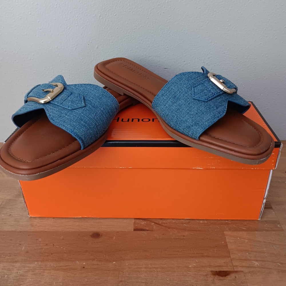 Primark Slide Sandals Womens Size 6 Blue Denim Buckle Flat Slip On NWB